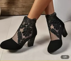 Black Suede Lace Ankle Boot/ Heel /Shoe Closed Toe Size 40 - Picture 1 of 11