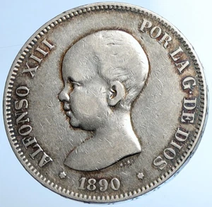 1890 SPAIN with Spanish King ALFONSO XIII Antique Silver 5 Pesetas Coin i108414 - Picture 1 of 3