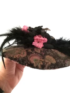 Doll Hat flat brimmed patterned velvet with flowers & feathers - Picture 1 of 3