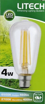 1 x LED 4W Vintage Edison Clear Filament Light Globe Bulb ST64 B22 Litech  - Image 1 of 3