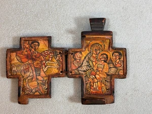 250740 - Antique  handpainted coptic wooden cross icon - Ethiopia. - Picture 1 of 7