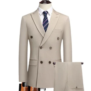Mens Lapel Collar Double-breasted Suit Business Suit Slim-fit Formal Wedding Set - Picture 1 of 7