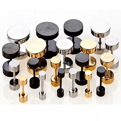 黑色/银色男式杠铃朋克哥特式不锈钢耳钉耳环 3-14 毫米 — 第 1/4 张图片