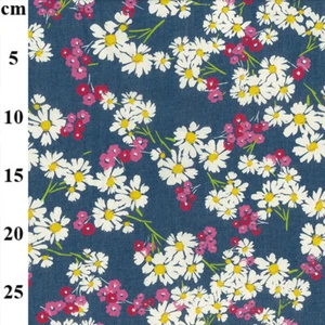 Cotton Denim Fabric - White Pink Daisy Floral Navy Blue - Dress Fabric Material - Picture 1 of 5
