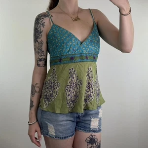 Y2K Vintage 100% Seda Paisley Cami Top Cuello en V Tiras Verde Azul Ligero - Imagen 1 de 7