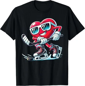 Cute Heart Playing Ice Hockey Valentine's Day Men Women Boys T-Shirt Hoodie - Picture 1 of 18
