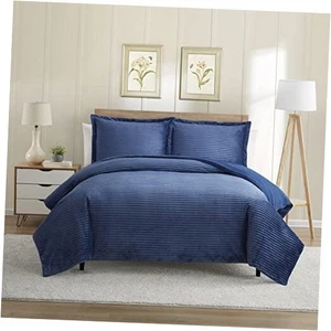 Premium Flannel Duvet Cover Set - 3 PC Reversible Comforter Full Navy Blue - Picture 1 of 7