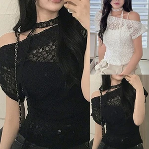 Women Summer Off Shoulder Lace Short Sleeve T Shirt for Casual Daily Wear - Picture 1 of 43