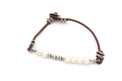 Sterling Silver 925  Pearl Leather Bracelet B1062 7.5" - Image 1 of 4