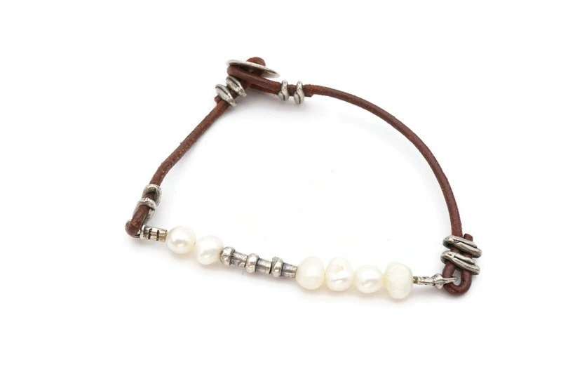 Sterling Silver 925  Pearl Leather Bracelet B1062 7.5" - Image 1 of 1