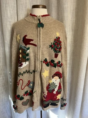 Vtg 90’s Tiara International Christmas Knit Zip Cardigan Santa Beige Beaded 2X - Image 1 of 4