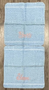 Vintage Dundee 2 Blue Washcloths With Pink Embroidery Boss Slave 12x12.5” - Picture 1 of 6