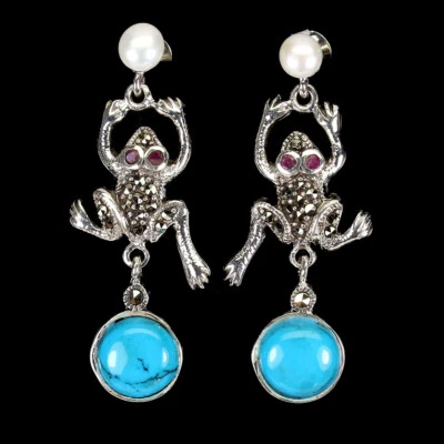 925 Sterlingsilber Ohrringe Stabilisiertes Türkis Perle Rubin Marcasit Edelstein - Bild 1 von 4