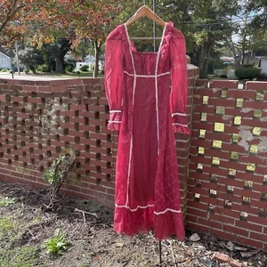 1960s Gunne Sax Black Label Red Cotton Calico Regency Hippie Maxi Dress Xs - Picture 1 of 14