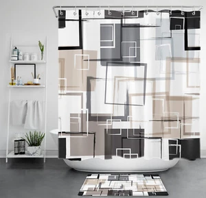 Juego de accesorios de baño cortina de ducha geométrica gris abstracta blanca y negra - Imagen 1 de 21