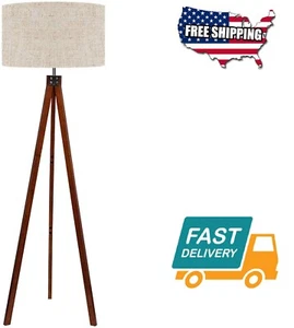 Home Living Room Wood Tripod Floor Lamps Office Flaxen Lamp Shade Bedroom Base - Picture 1 of 7