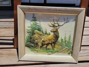 Rare 3D Framed Artwork Deer Scenery Plastic? Laminated Wood Frame Signed SweXey - Picture 1 of 12