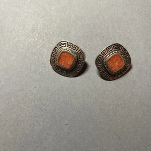 Vintage Sterling Silver Greek Key Sponge Coral Earrings Signed - Picture 1 of 4