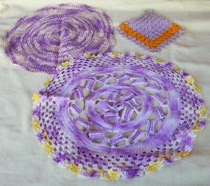 3 VTG Hand Crocheted Cotton Doilies & Potholder in Solid & Variegated Purple - Picture 1 of 12