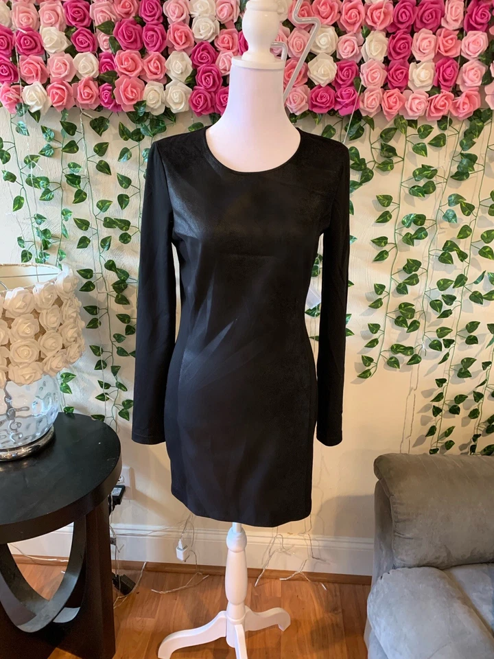 Vestido para mujer Armani Exchange manga larga negro ajustado aspecto de cuero talla 6 RP $198 Foto 1 de 4