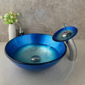 US Blue Round Tempered Glass Bathroom Basin Bowl Vessel Sink Mixer Faucet Drain - Picture 1 of 11