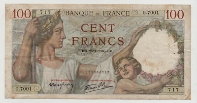FRANCE 100 FRANCS 1940 PICK 94 PINHOLES LOOK SCANS - Image 1 of 2