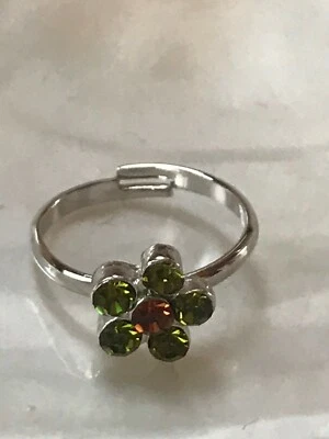 Estate Dainty Cookie Lee Green & Bronze Rhinestone Daisy Flower Adjustable Silve - Image 1 of 4