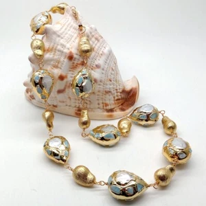 Cultured White Pearl Teardrop Shape Blue larimar Gold Plated Necklace 24" - Picture 1 of 8
