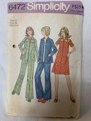 VTG Simlicity 6472 Size 12 Misses Maternity Zip-Up Dress, Top, Bell-Bottom Pants - Image 1 of 3