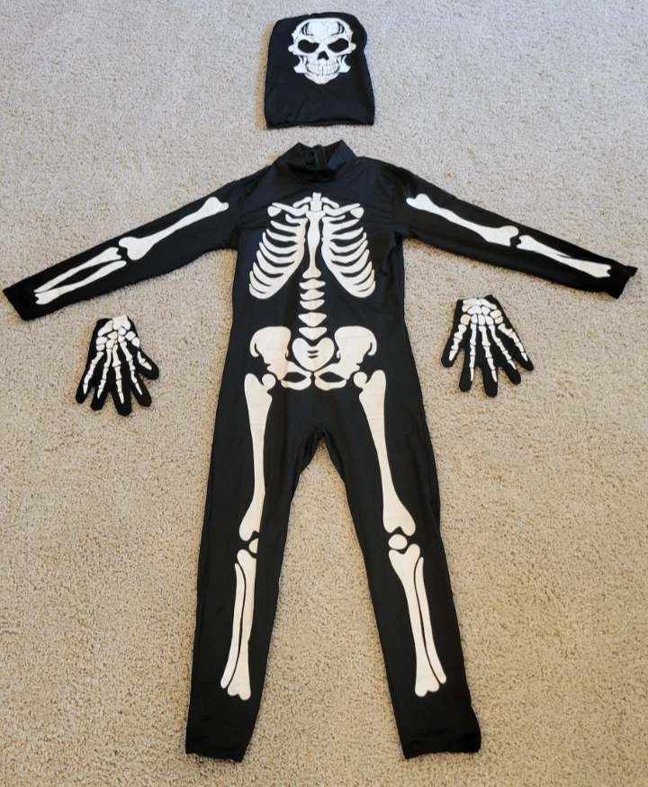 Nuevo Disfraz Esqueleto Halloween Niños Jóvenes Talla XL 4 Piezas Máscara Guantes Traje ¡BONITO! Foto 1 de 1