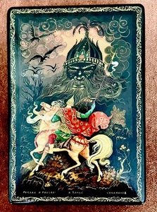 Russian USSR Black Lacquer Paper Mache Box Ruslan and the Head From Kholui - Picture 1 of 8