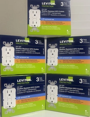 Leviton  protection GFWT1-3W 15A GFCI Out White (  PACK OF 5)  NEW FREE SHIPPING - Image 1 of 2