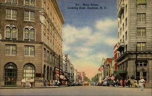 Durham, NC Main Street, Leinen North Carolina Postkarte - Bild 1 von 2