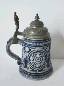 Taza de cerveza Stein de cerámica esmaltada en sal alemana de colección tapa de peltre tapa de gnomo - Imagen 1 de 17