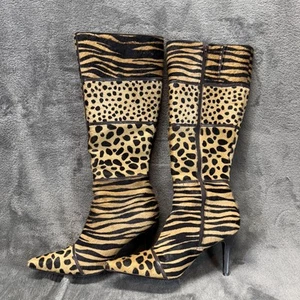 Antonio Melani Mixed Big Cat Print Calf Hair Boots High Heel 7M Glove Fit - Picture 1 of 11