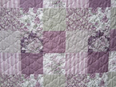 TWIN~Polyester~Patchwork Bedspread~Lavender/Green/White/Burgundy~64" x 86"~ - Image 1 of 4