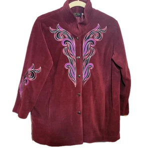 Bob Mackie Womens Embroidered Fleece Jacket Size 1X Burgundy Lined Bohemian Art - Picture 1 of 8