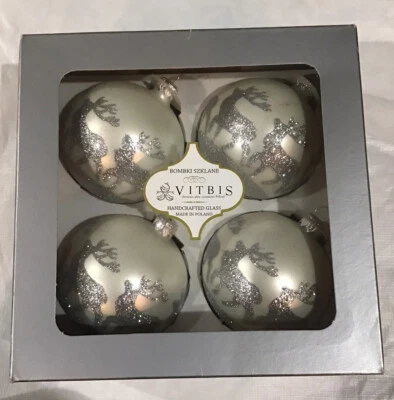 Juego de bolas de vidrio artesanales Vitbis Polonia/4 renos plateados brillantes nuevo en caja Foto 1 de 2