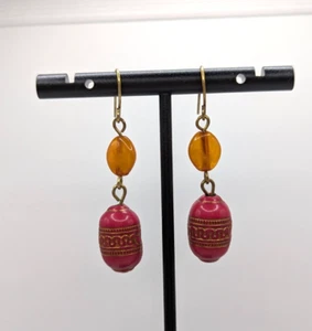 Pink Gold-tone Patterned Beads Yellow Brown Boho Drop Dangle Earrings - Picture 1 of 2
