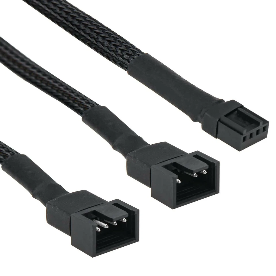 4 Pin PWM Y Cable w Sleeving Male to 2x Female 12v 30cm 12" Fan Power Connector - Image 1 of 3