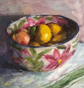 "NUOVO HELEN TARR ORIGINALE ""Mini ciotola frutta"" fiori fiori OLIO SU PANNELLO PITTURA - Foto 1 di 2