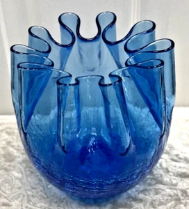 Vtg Hand-blown Pinched Glass Vase/Bowl in Blue With Ruffled Rim/Crackle Bottom - Imagen 1 de 8