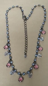Vintage Silver Tone Light Blue Rhinestone Chain Necklace w/Pink Bezel Set Charms - Picture 1 of 7