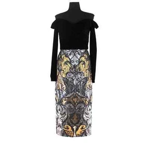 Vestido Marchesa Notte Negro Terciopelo Dorado Plata Lentejuelas Fuera del Hombro 4 NUEVO Midi - Imagen 1 de 8