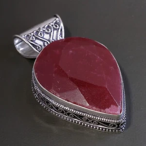 Kashmiri Ruby Lab-Created Gemstone 925 Silver Handmade Jewelry Pendant 2.1" - Picture 1 of 4