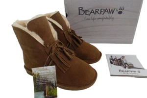 Bearpaw NEW Christie Suede Sheepskin Womens 7 WIDE Fringe NeverWet Hickory Boots - Picture 1 of 14