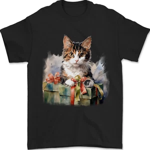 A Cute Cat With a Present Christmas Xmas Mens T-Shirt 100% Cotton - Picture 1 of 14