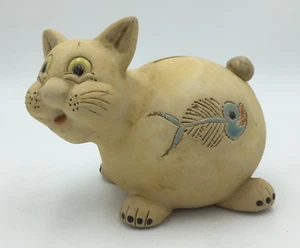 Vintage Keramik Fett Katze Münzbank gelbe Augen Fisch Knochen Dekoration Sammlerstück - Bild 1 von 7