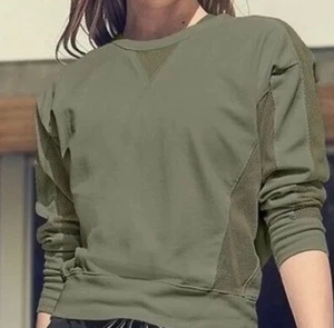 Athleta olivgrünes Cruise Sweatshirt Wm L Netzeinsatz Rundhals 100% Baumwolle - Bild 1 von 4