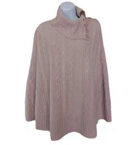 Thick Cable Knit Cashmere Poncho Cape Sweater Button Up Neck Asymmetrical Pink* - Picture 1 of 9